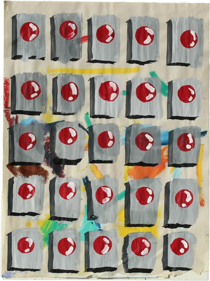 Painted gray panels with red buttons on a colorful paper ground.