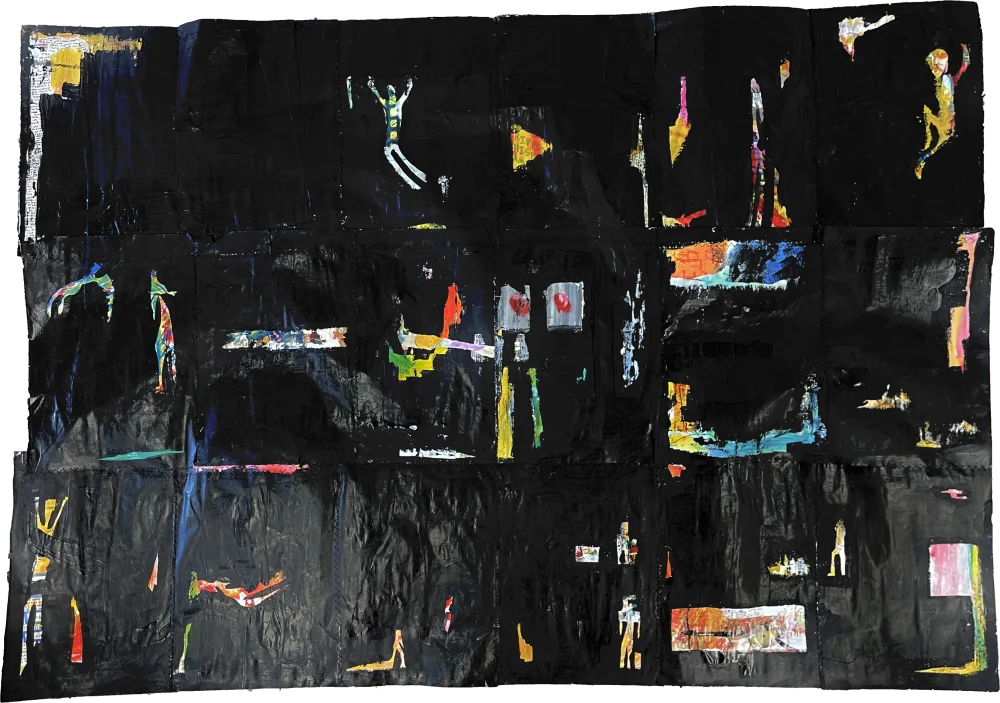 A dark painted collage with scattered fragments of color.